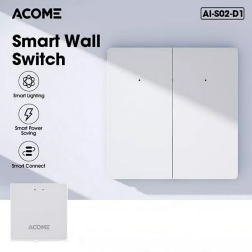 Smart Wall Switch Saklar App ACOME AI-S02-D1 (EU 2 Gang) Remote Control