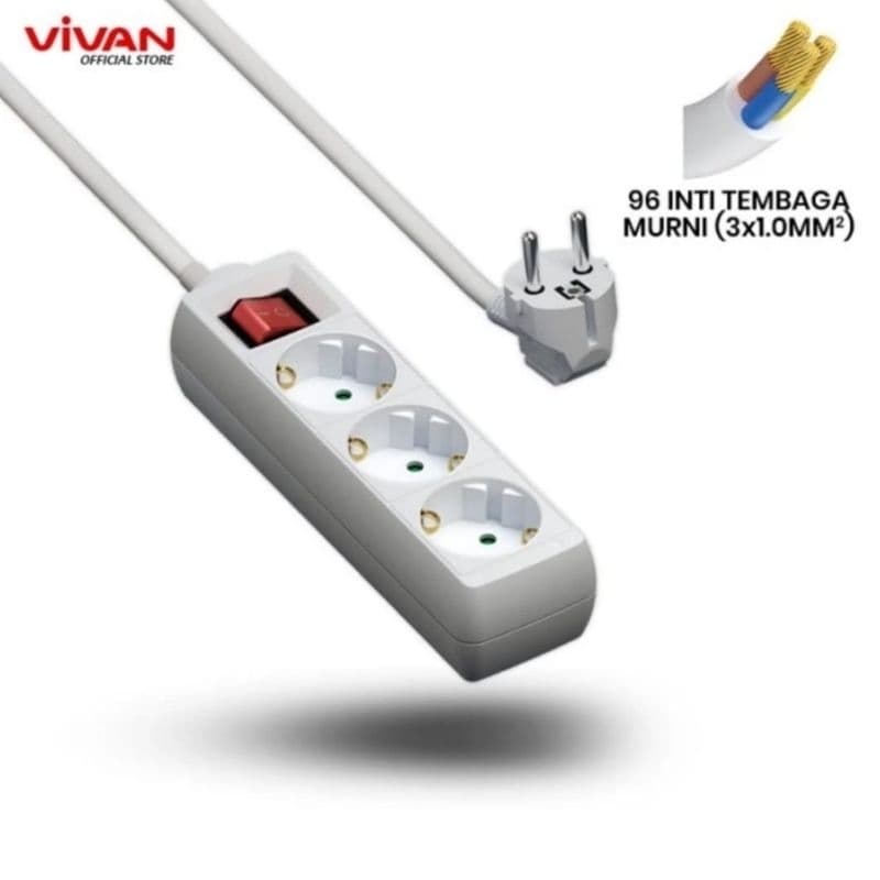 Vivan VPS-H001A Stop Kontak Saklar 3 Lubang Inti Tembaga Murni Plastik