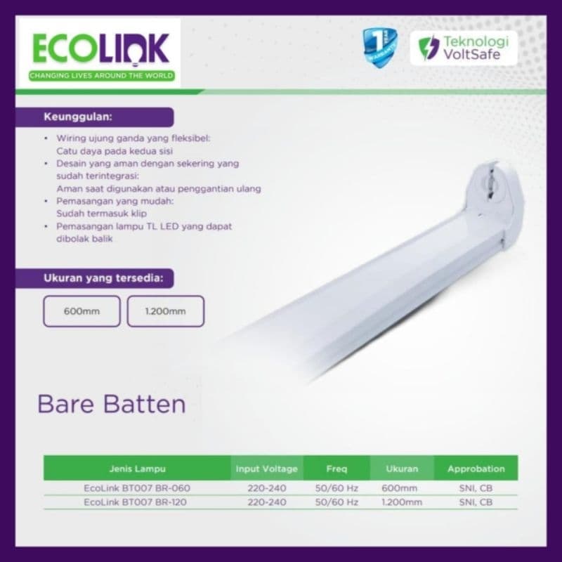 Ecolink Bare Batten Kap Led TL T8 BT007 Ukuran 60cm dan 120cm Satu Sisi