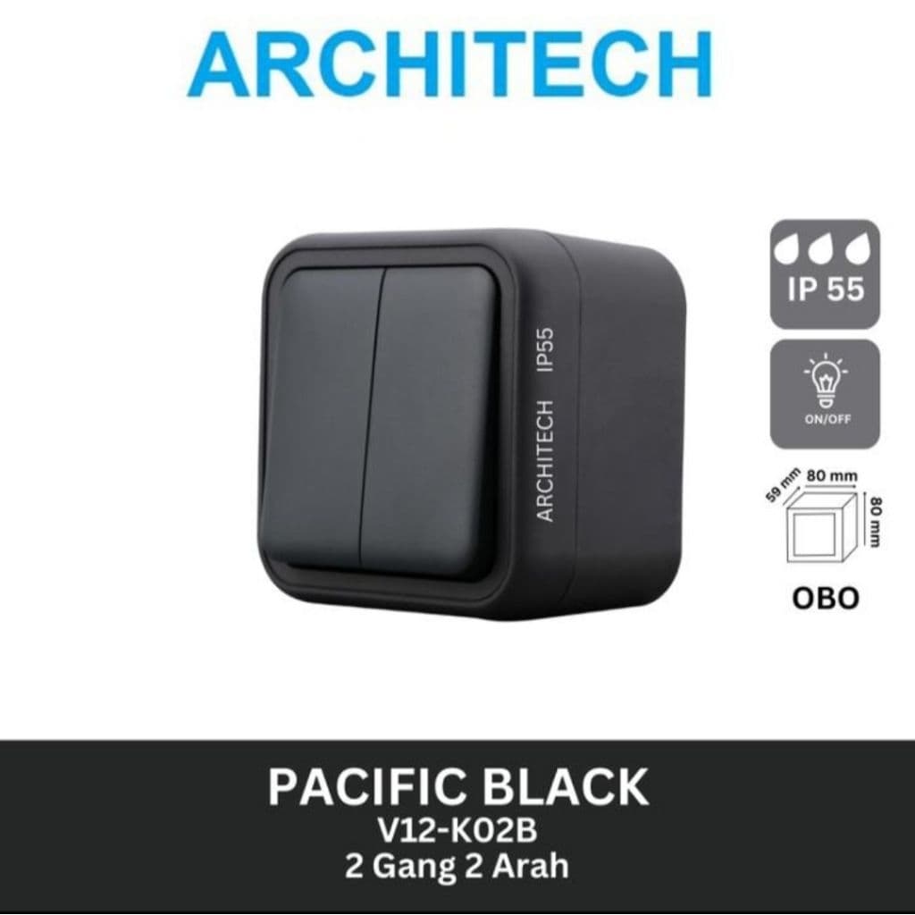 Architech Pacific OB Saklar Double Seri Hotel Waterproof V12-K02B 2 Gang 2 Arah Black