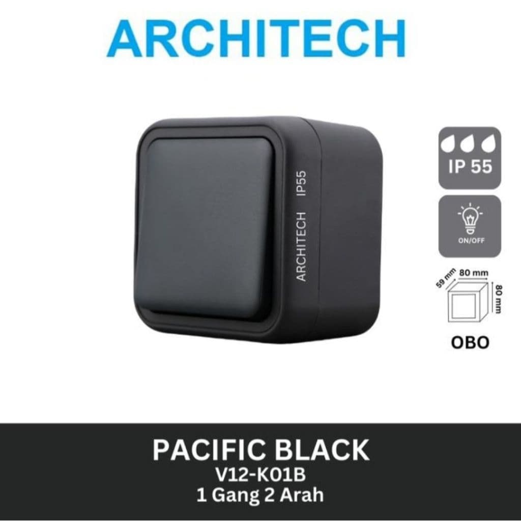 Architech Pacific OB Saklar Single Hotel Waterproof V12-K01B 1 Gang 2 Arah Black
