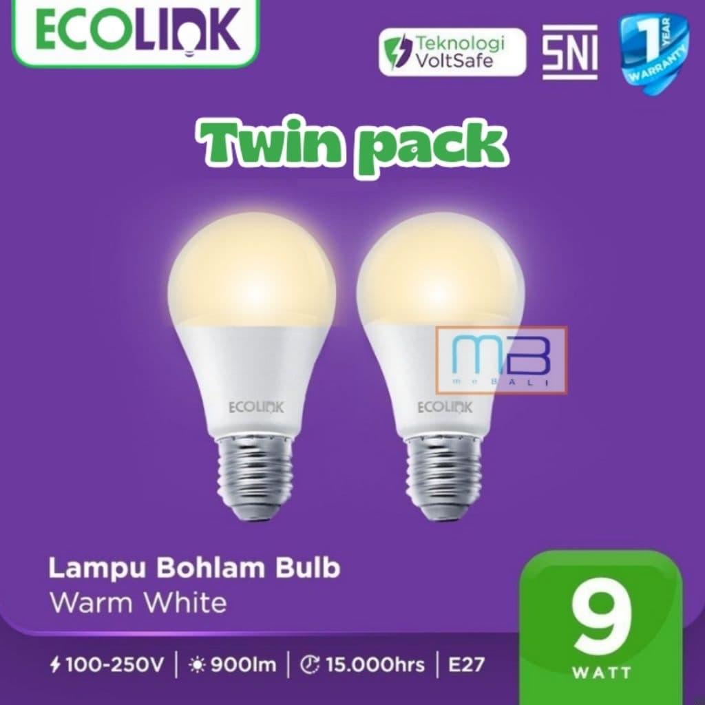 Ecolink Lampu Led Bulb E27 9W Twin pack (2 PCS) 3000K Warm White Kuning