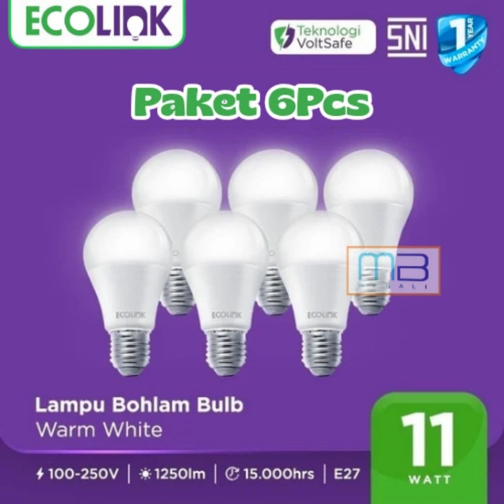 Ecolink Lampu Led Bulb E27 11W Paket 6PCS 3000K Warm White Kuning