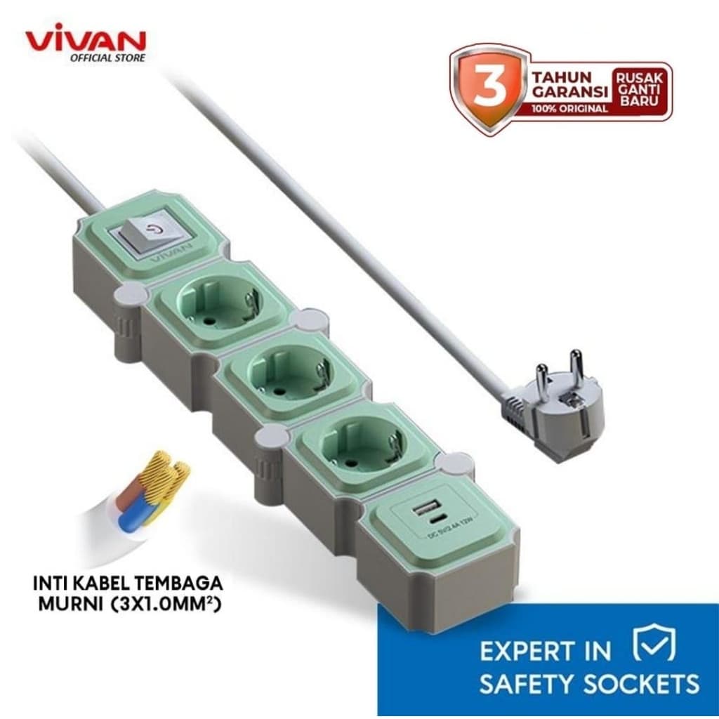 Vivan Vps-H008A Pro G 1.8M Series Saklar Adaptor Stop kontak Kabel Listrik Inti Tembaga Colokan Multifungsi Usb dan Type C