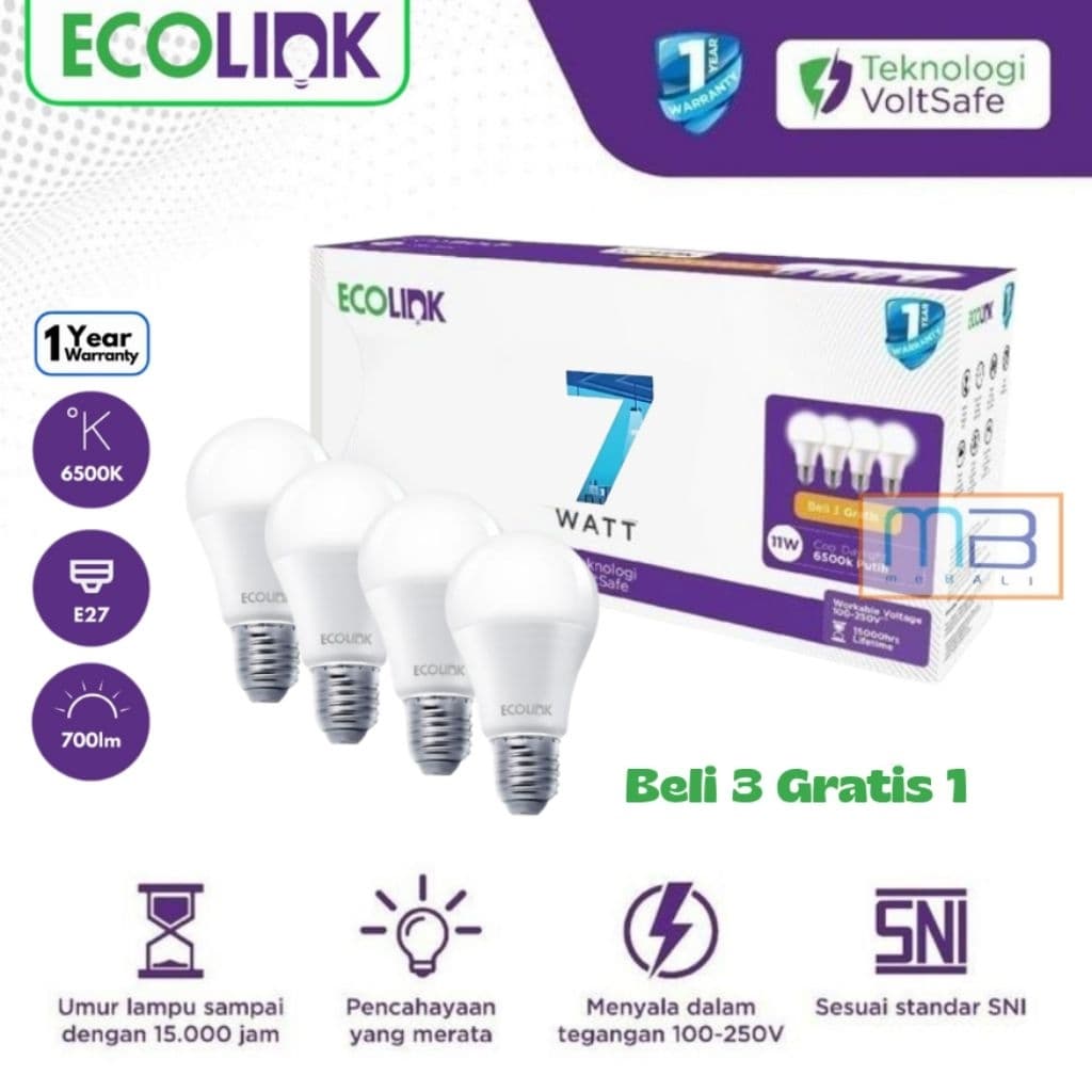 Ecolink Multipack 3 Gratis 1 Led Bulb 7 Watt Cool Daylight Isi 4pcs 6500K Putih