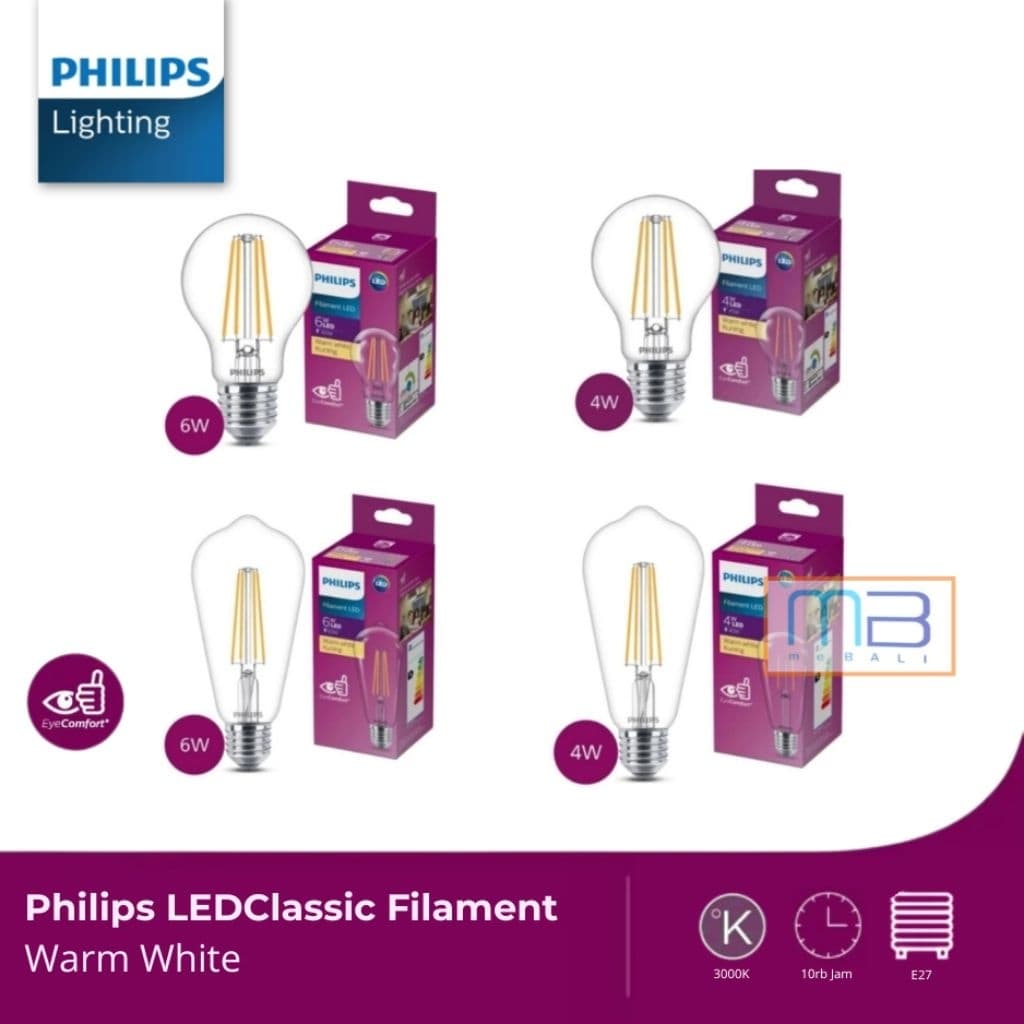 Lampu Philips Filament Bohlam LED 4W 6W ST64 A60 E27 Warm White Kuning