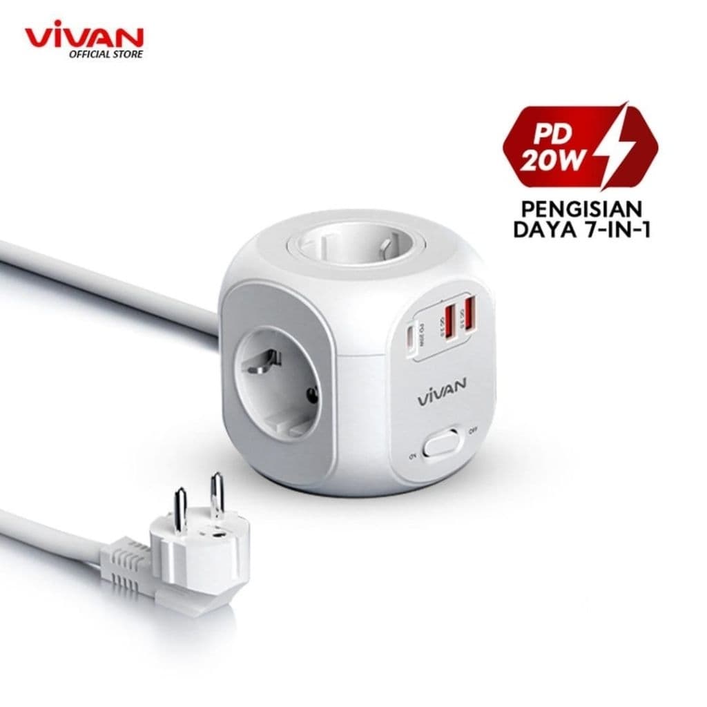 Vivan VPS-H008A Cube Safety Socket Stop Kontak Colokan Listrik Saklar Adaptor 7 in 1 PD 20W