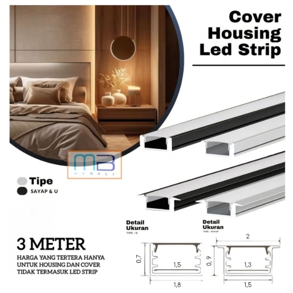 Housing Alluminium Led Strip Rigid Bar Model U & Model Sayap Acrylic Cover 3 Meter