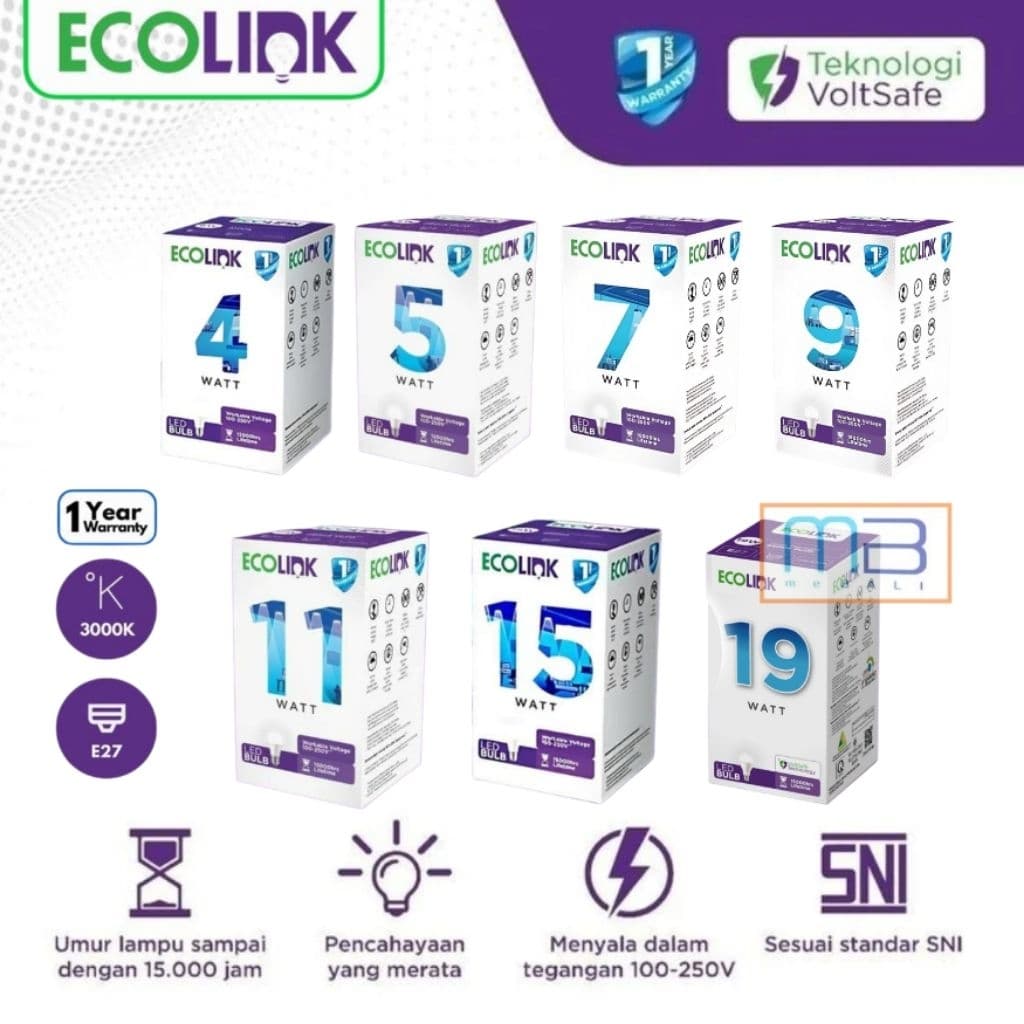 ECOLINK Lampu Led Bulb E27 3000K 4W 5W 7W 9W 11W 15W 19W 3000K Warm White Kuning
