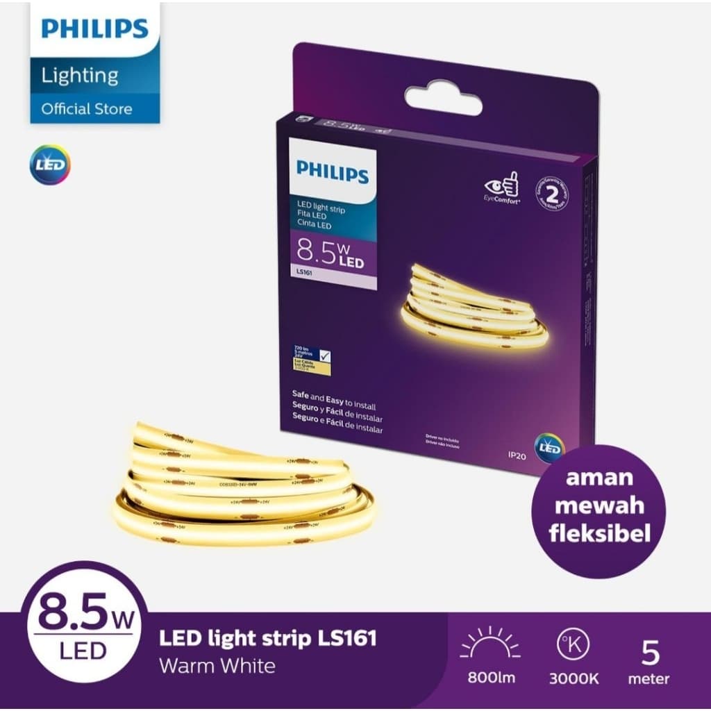 Philips Lampu Led Strip LS161 COB Led8 8.5W 5M 24V 3000K 930 1200lm Flexible Eye Comfort Anti-Flicker