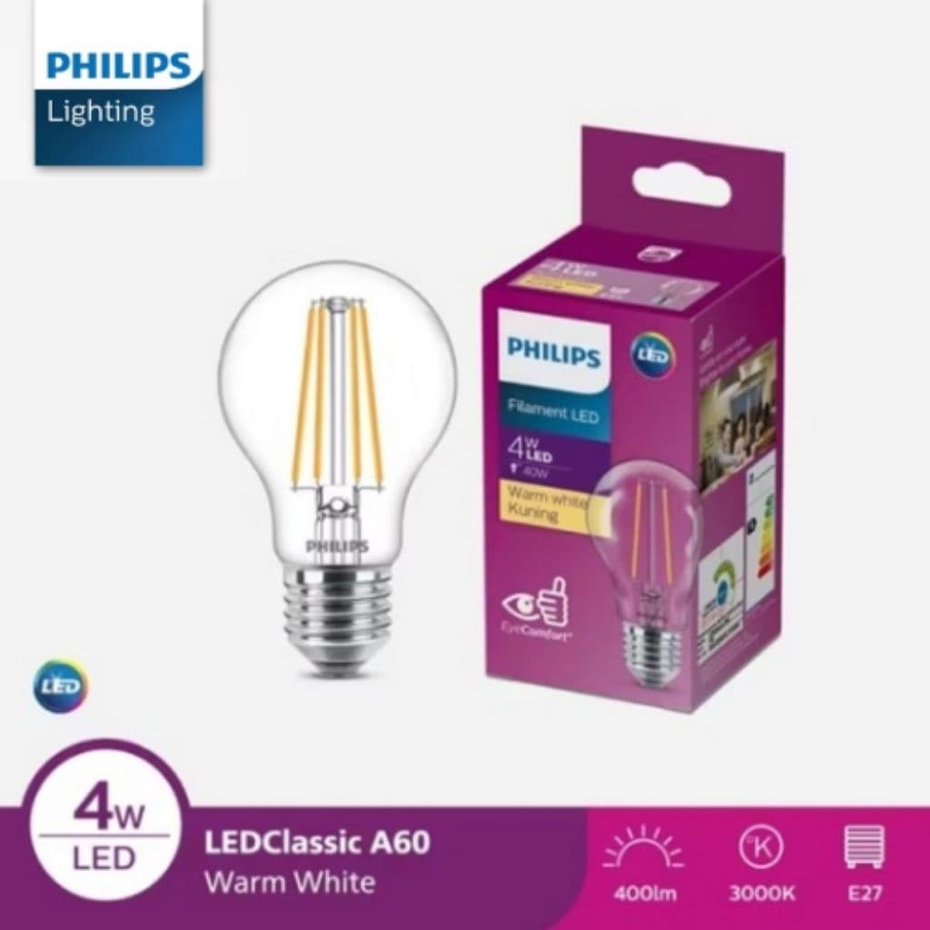 Lampu Philips Filament Bohlam LED 4W A60 E27 Kuning
