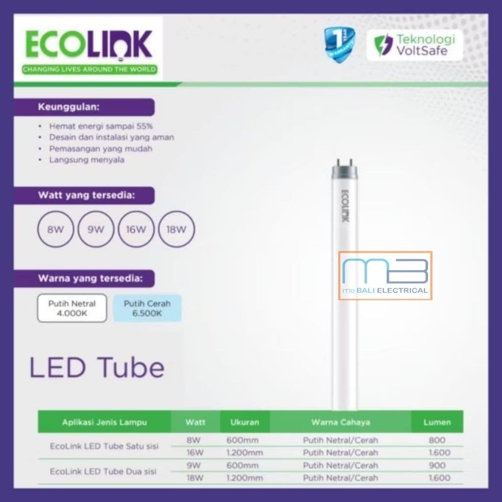 Ecolink Led Tube Lampu Led T8 Ukuran 60cm dan 120cm 8W dan 18W 1Sisi Putih Netral 740 4000K dan Putih Cerah 765 6500K 1 SISI