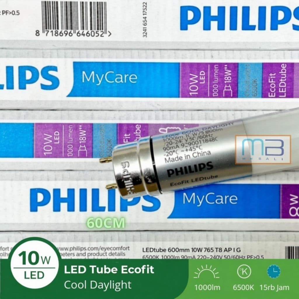 Philips Led Tube Ecofit T8 10W 60cm 600mm Industrial 765 6500K Putih Satu Sisi Tanpa Rumah Lampu